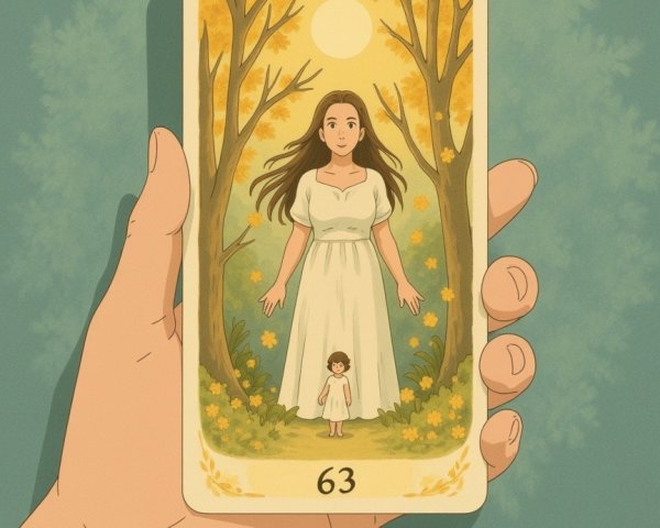Illustrated tarot card featuring serene woman in forest