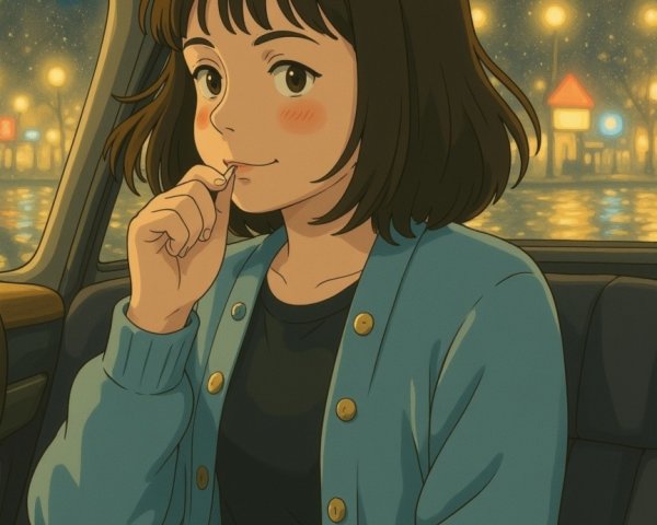 Young woman in car with city lights at night