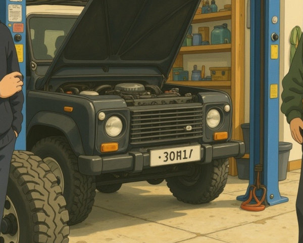 Vintage Off-Road Vehicle in Cluttered Garage Setting