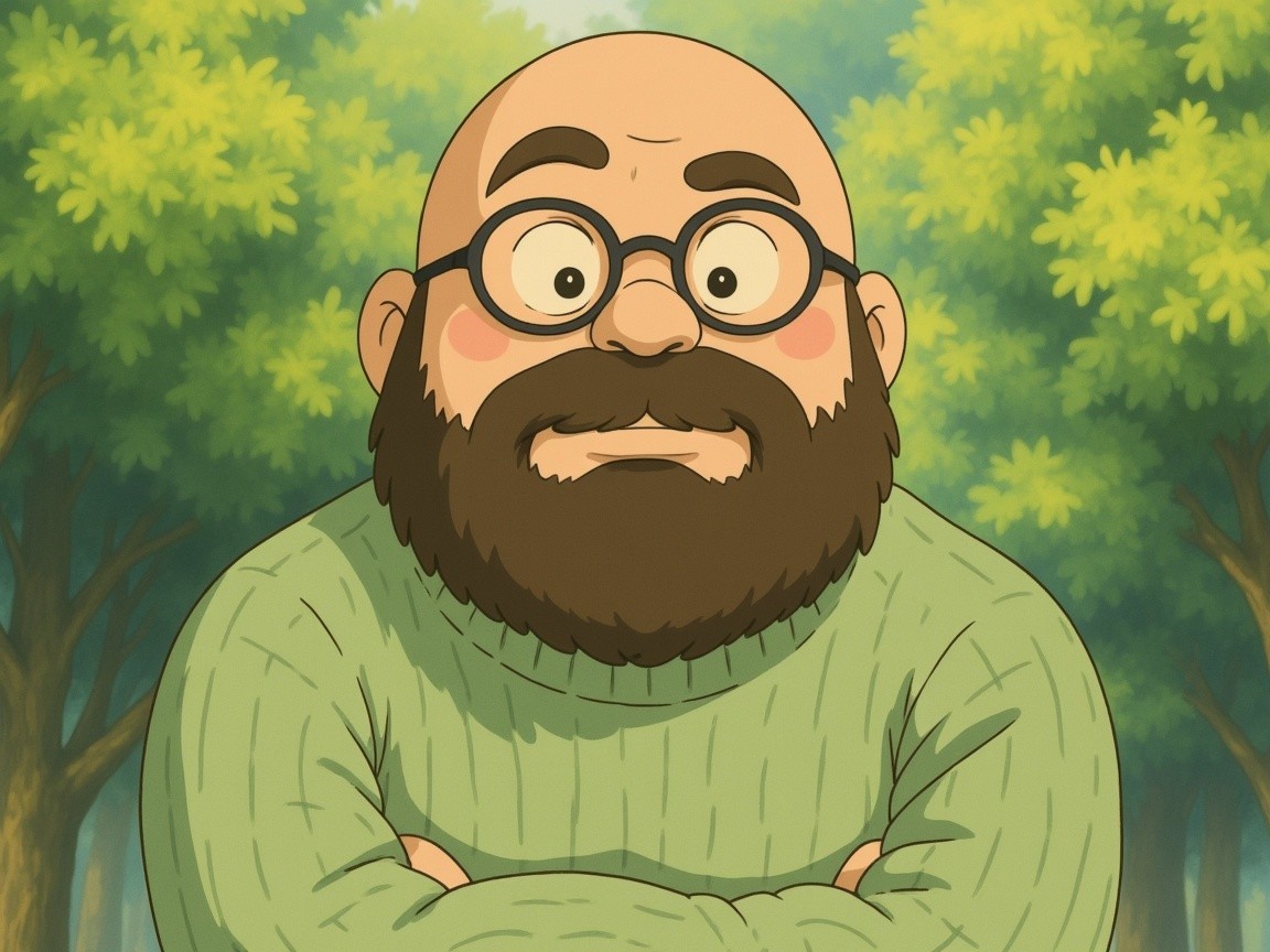 Bald Cartoon Character in Green Sweater in Forest