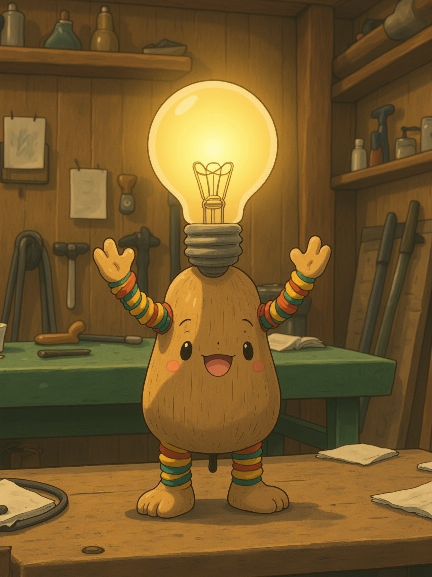 Animated Potato Character in Cozy Workshop Setting