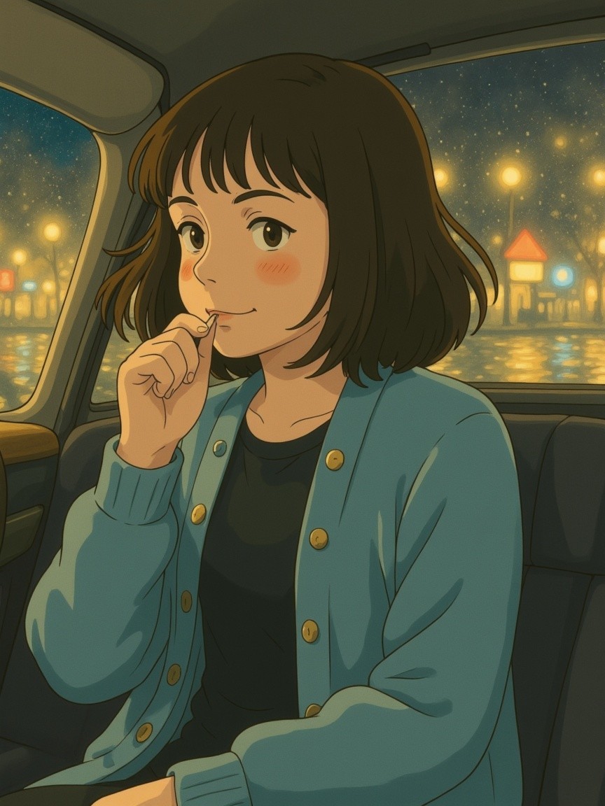 Young woman in car with city lights at night