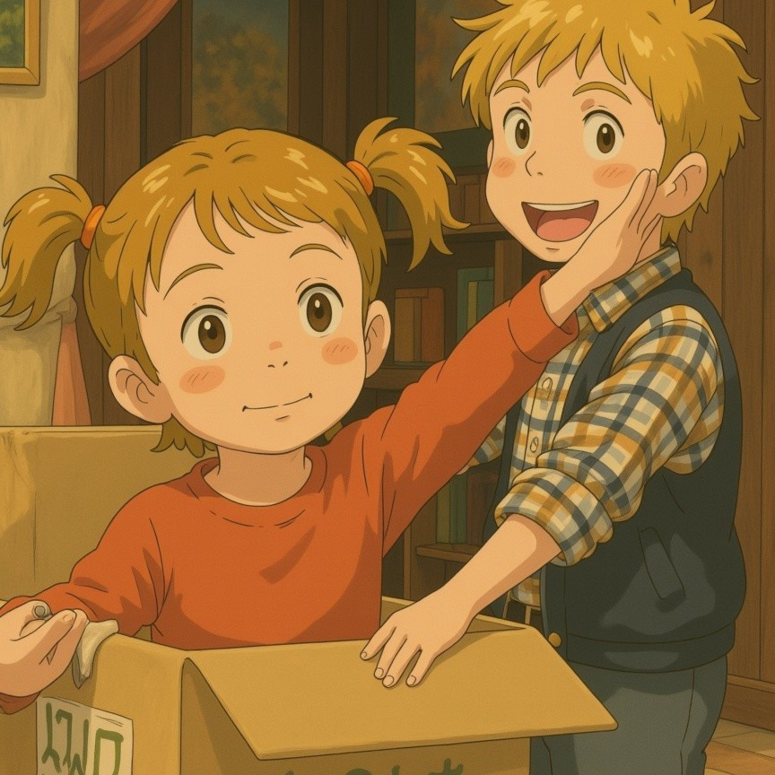 Cheerful Children in a Cozy, Book-filled Room