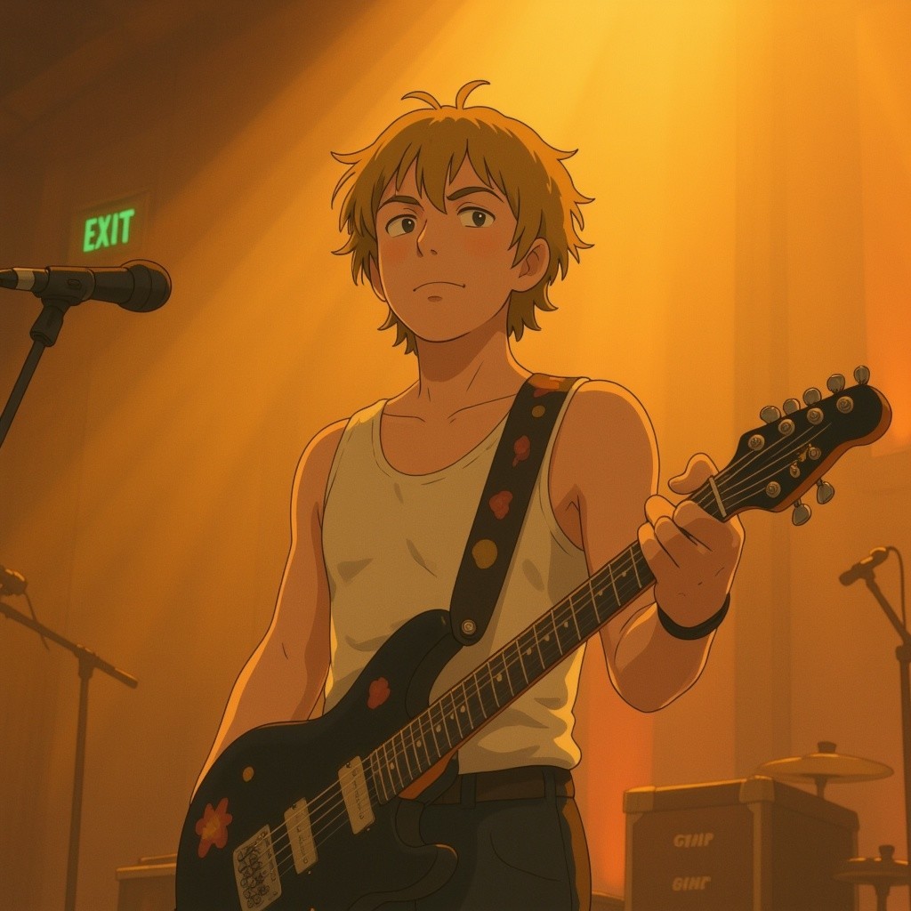 Young Male Musician with Electric Guitar on Stage