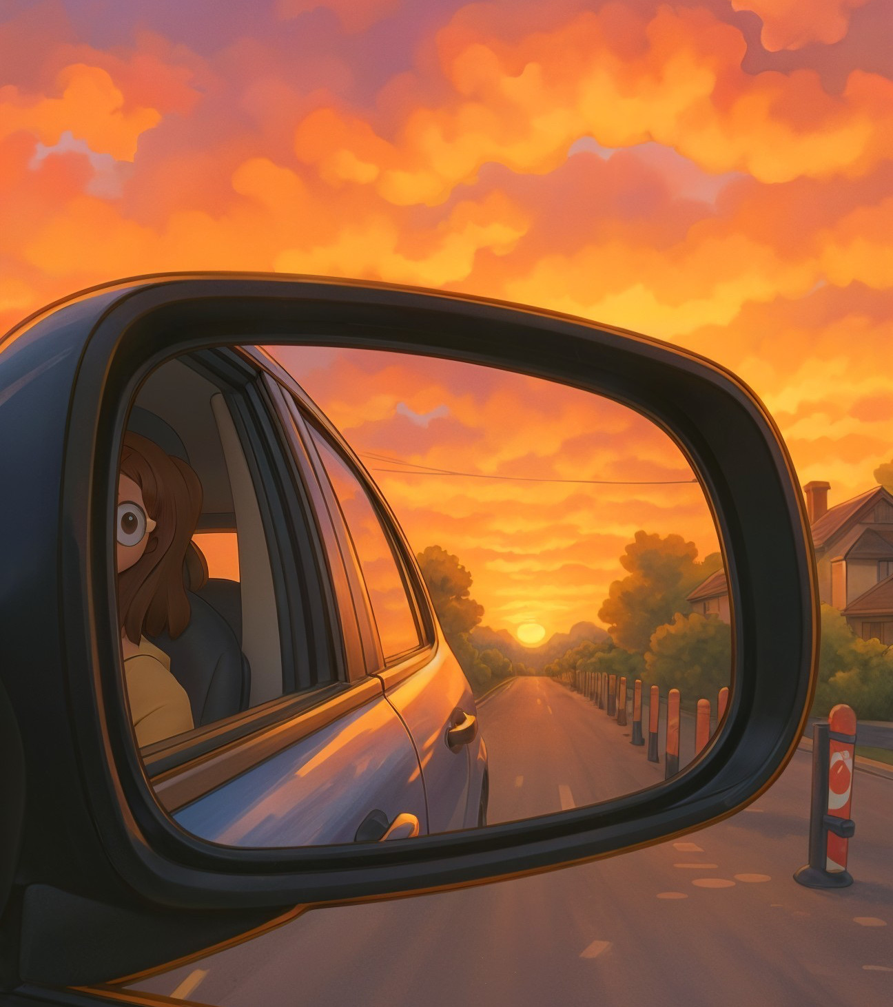 Scenic Sunset with Reflections in a Car Side Mirror