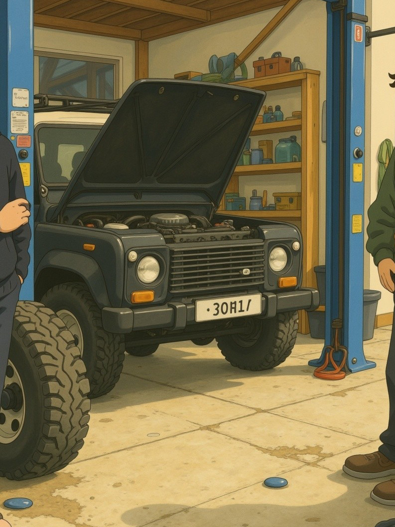 Vintage Off-Road Vehicle in Cluttered Garage Setting