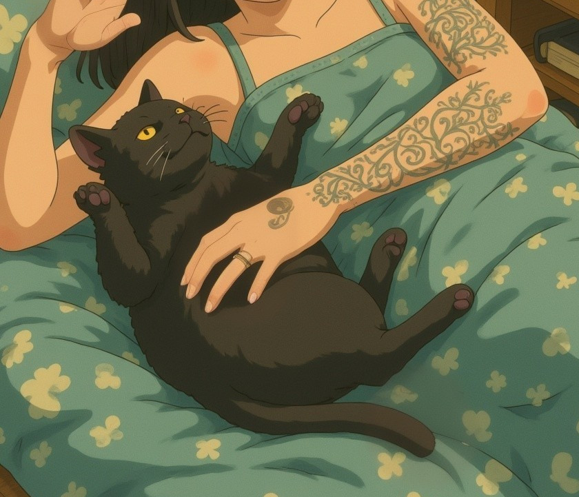 Cozy Bedroom Scene with Person and Relaxed Cat