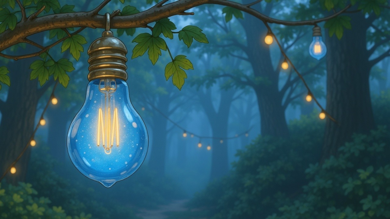 Glowing Blue Light Bulb in Misty Forest Ambiance