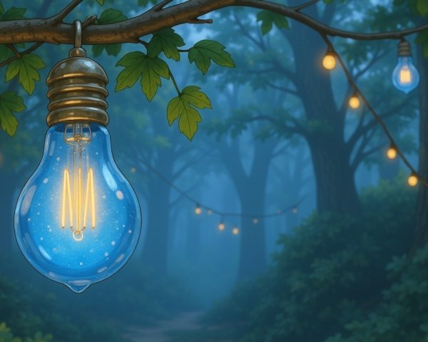 Glowing Blue Light Bulb in Misty Forest Ambiance