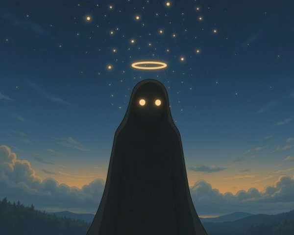 Mysterious figure in black cloak against twilight sky