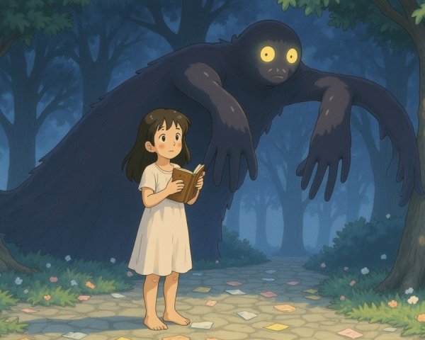 Young girl in white dress with shadowy creature in forest