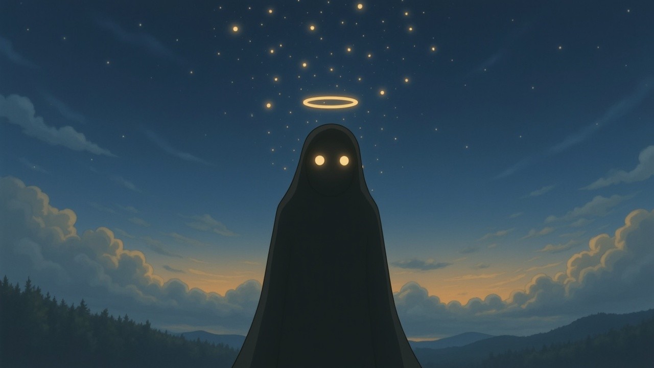 Mysterious figure in black cloak against twilight sky