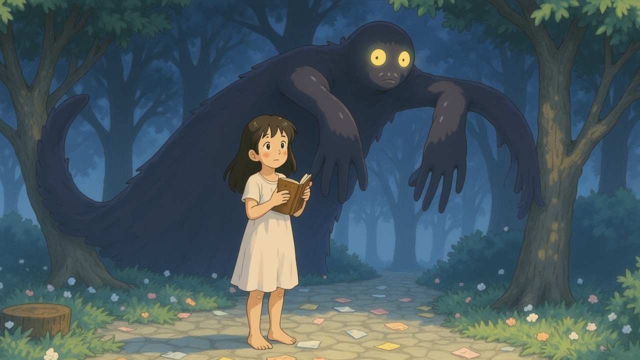Young girl in white dress with shadowy creature in forest