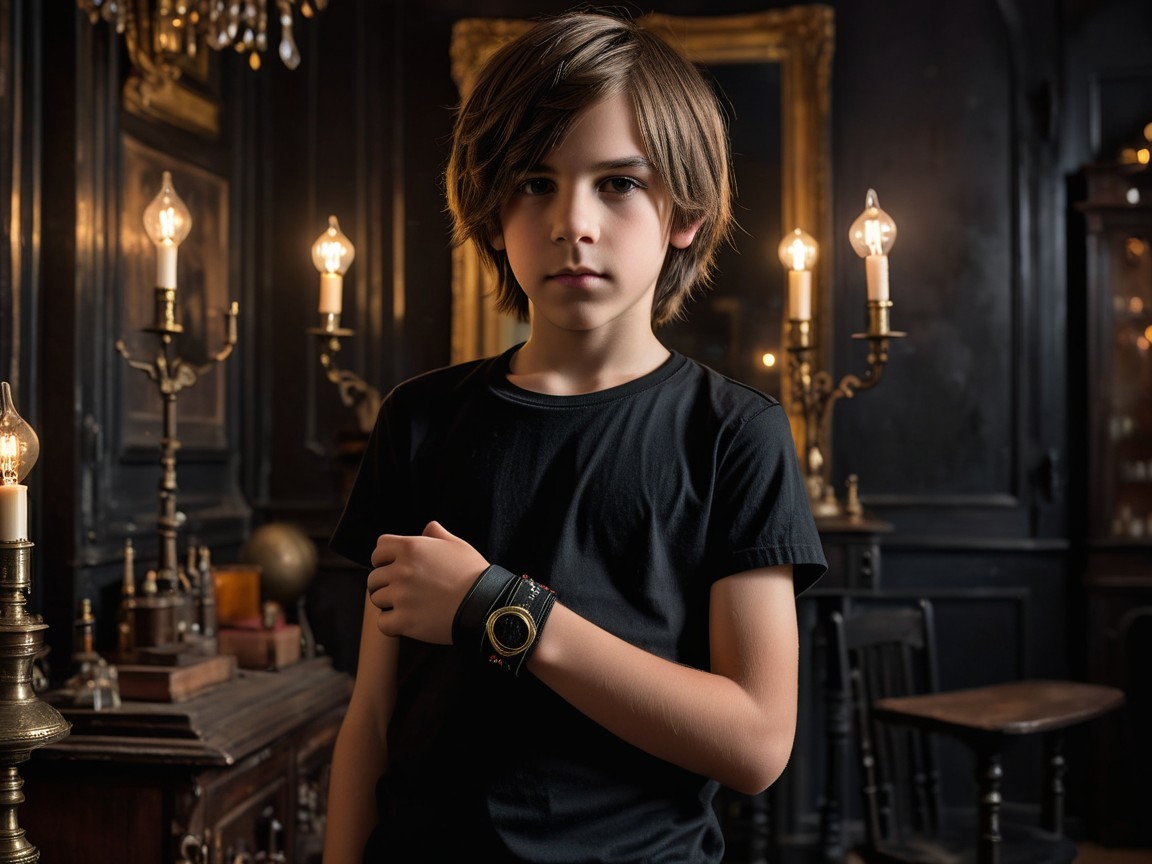 Young Boy in Vintage Room with Candles and Antiques
