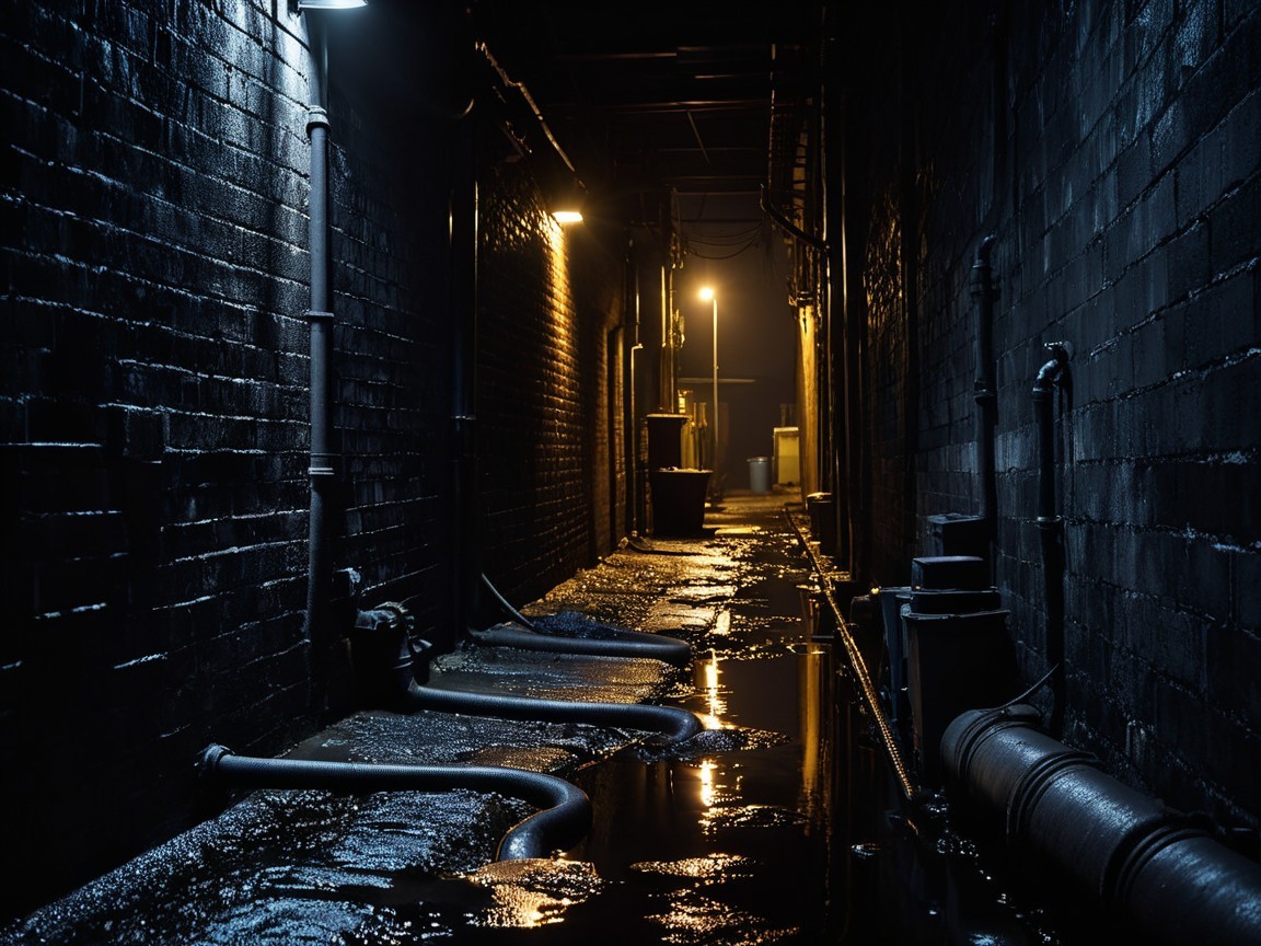 Narrow Dimly Lit Alleyway with Textured Brick Walls