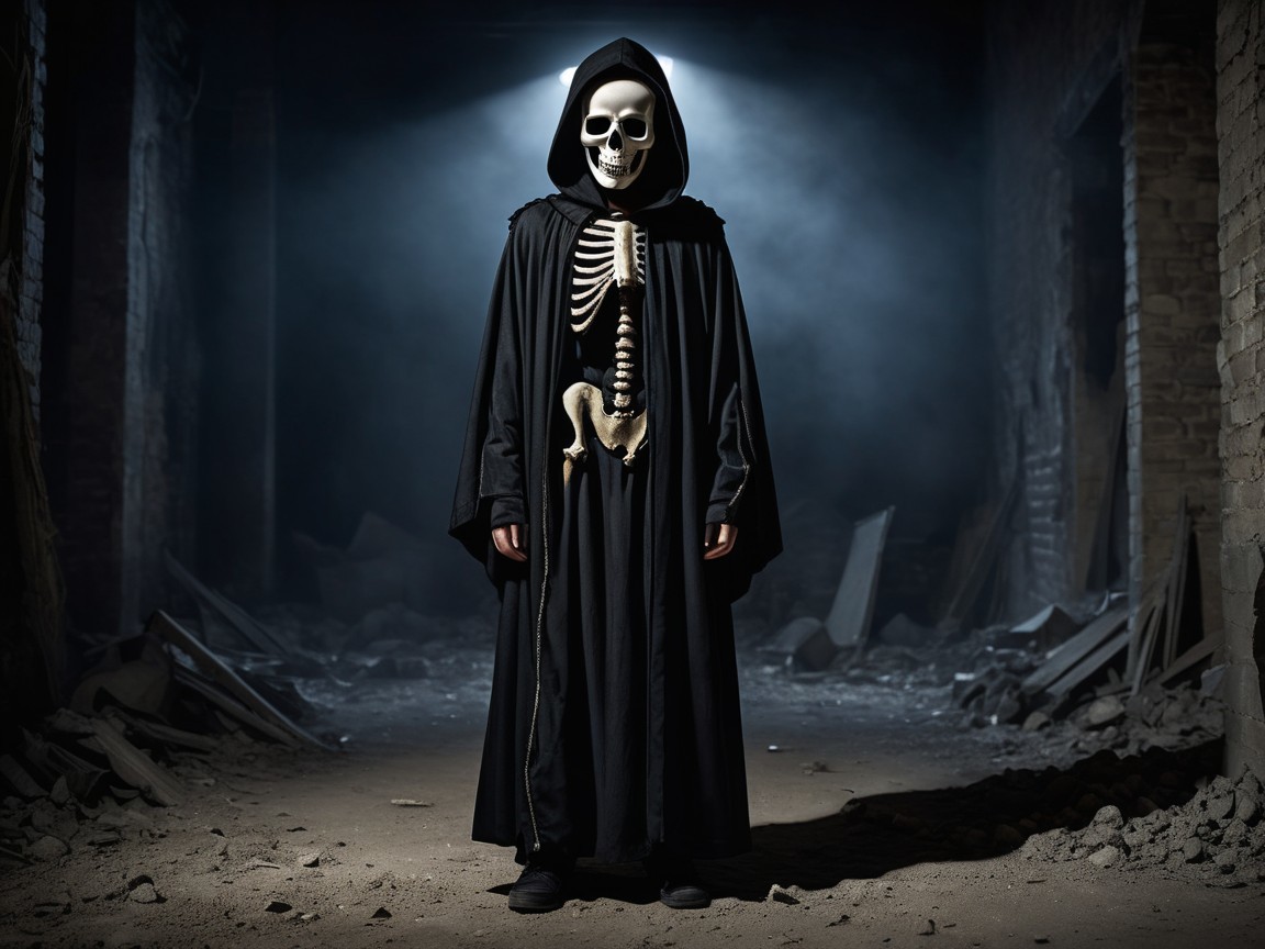 Cloaked Figure in Dimly Lit, Eerie Interior