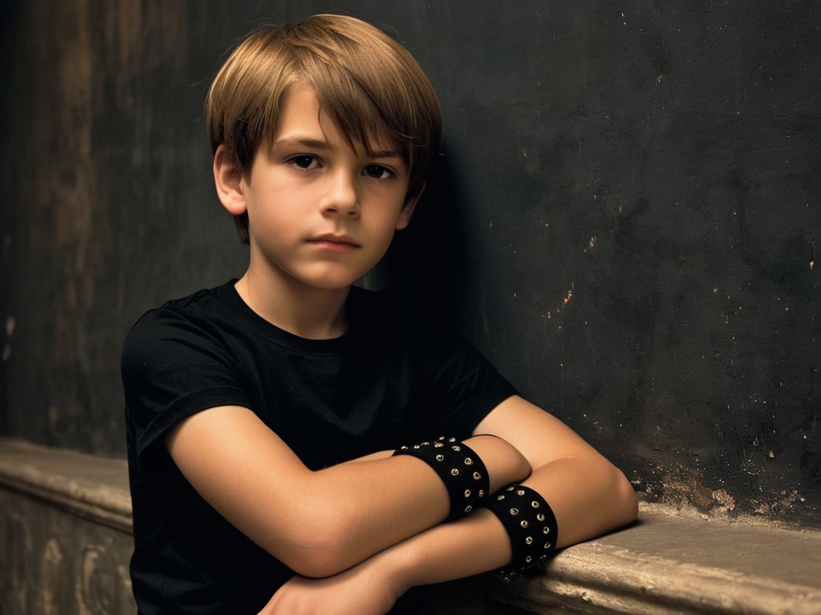 Young boy in black t-shirt against dark textured wall