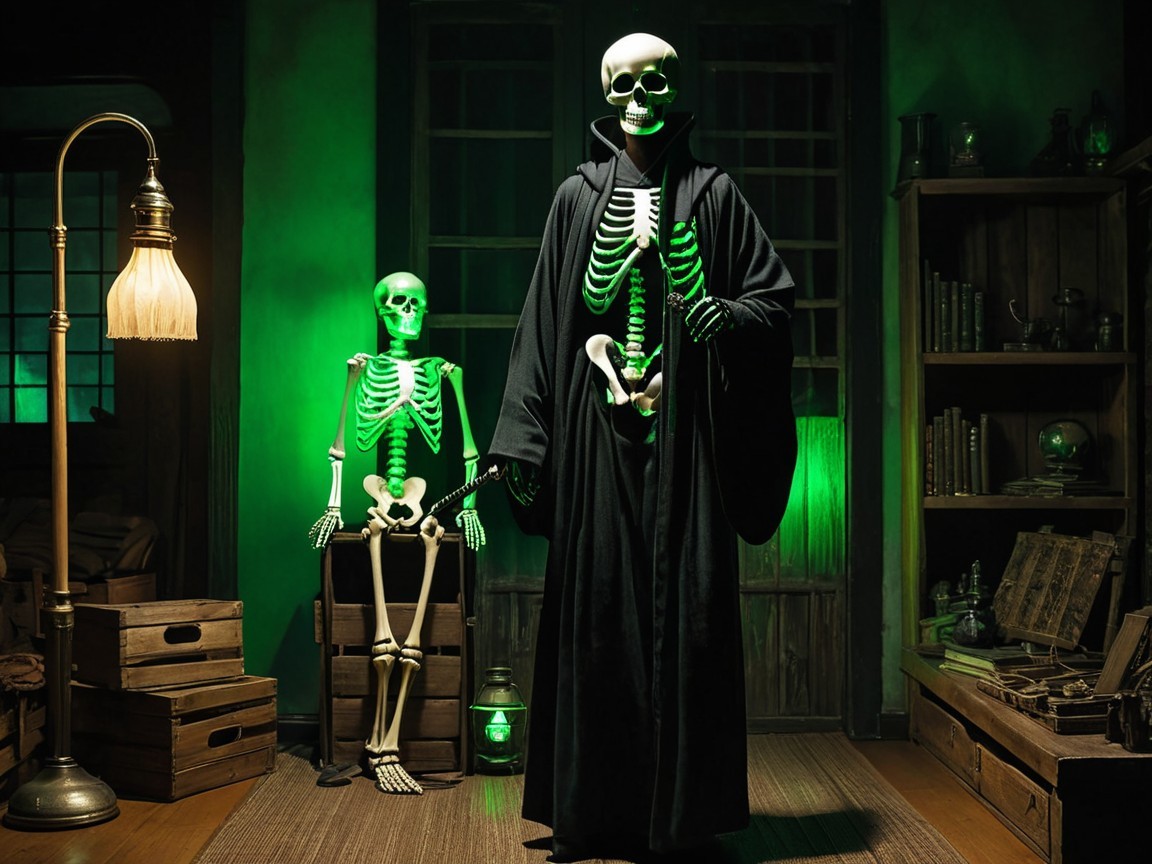 Skeletons in Cloak and Crates with Eerie Green Lighting