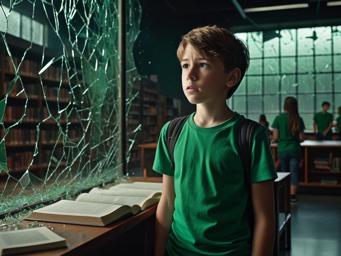 Young Boy in Library with Broken Window and Books