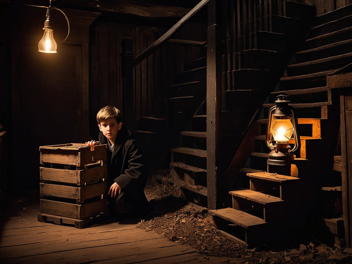 Contemplative Boy in Rustic, Dimly Lit Setting