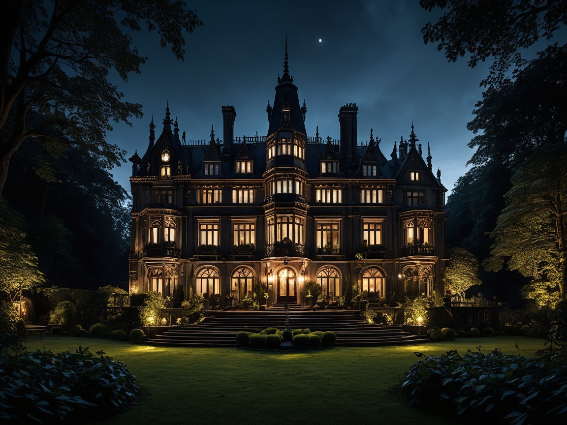 Gothic Mansion Under Moonlit Sky with Illuminated Gardens