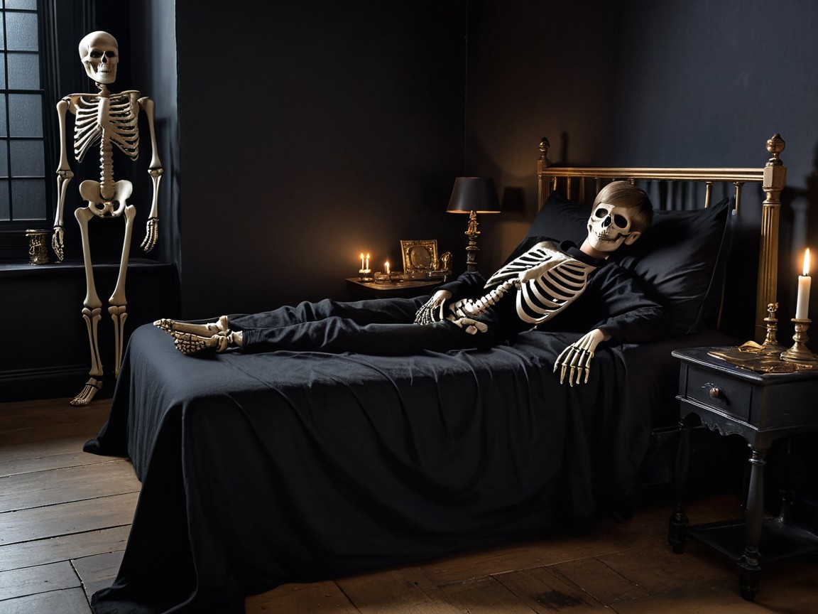 Skeletons in a dimly lit room with candles and decor