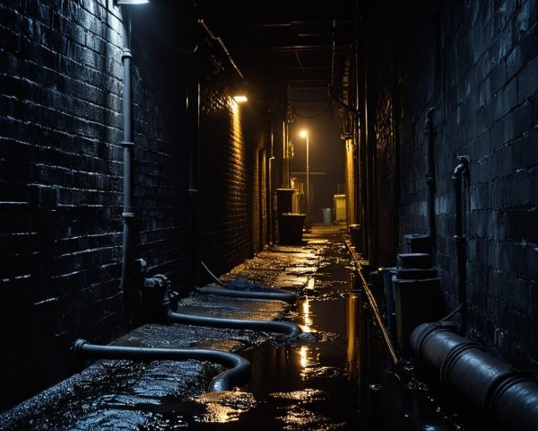 Narrow Dimly Lit Alleyway with Textured Brick Walls