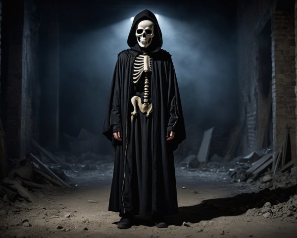 Cloaked Figure in Dimly Lit, Eerie Interior