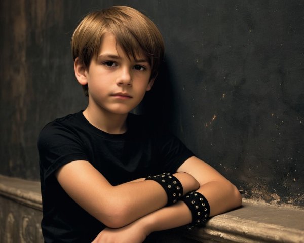 Young boy in black t-shirt against dark textured wall