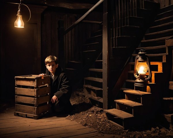 Contemplative Boy in Rustic, Dimly Lit Setting