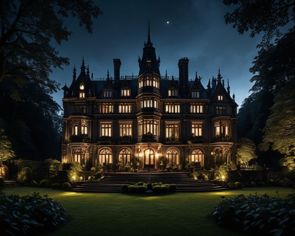 Gothic Mansion Under Moonlit Sky with Illuminated Gardens