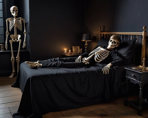 Skeletons in a dimly lit room with candles and decor