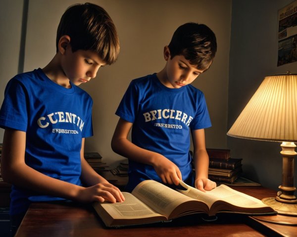 Boys Reading Together in a Cozy Room with Bookshelves