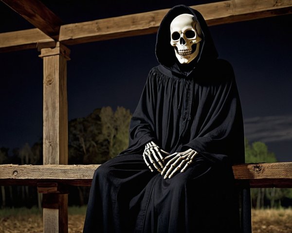 Skeletal Figure in Black Robe on Wooden Bench at Night