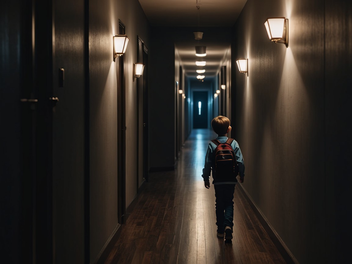 Child in dim hotel corridor with glowing sconces