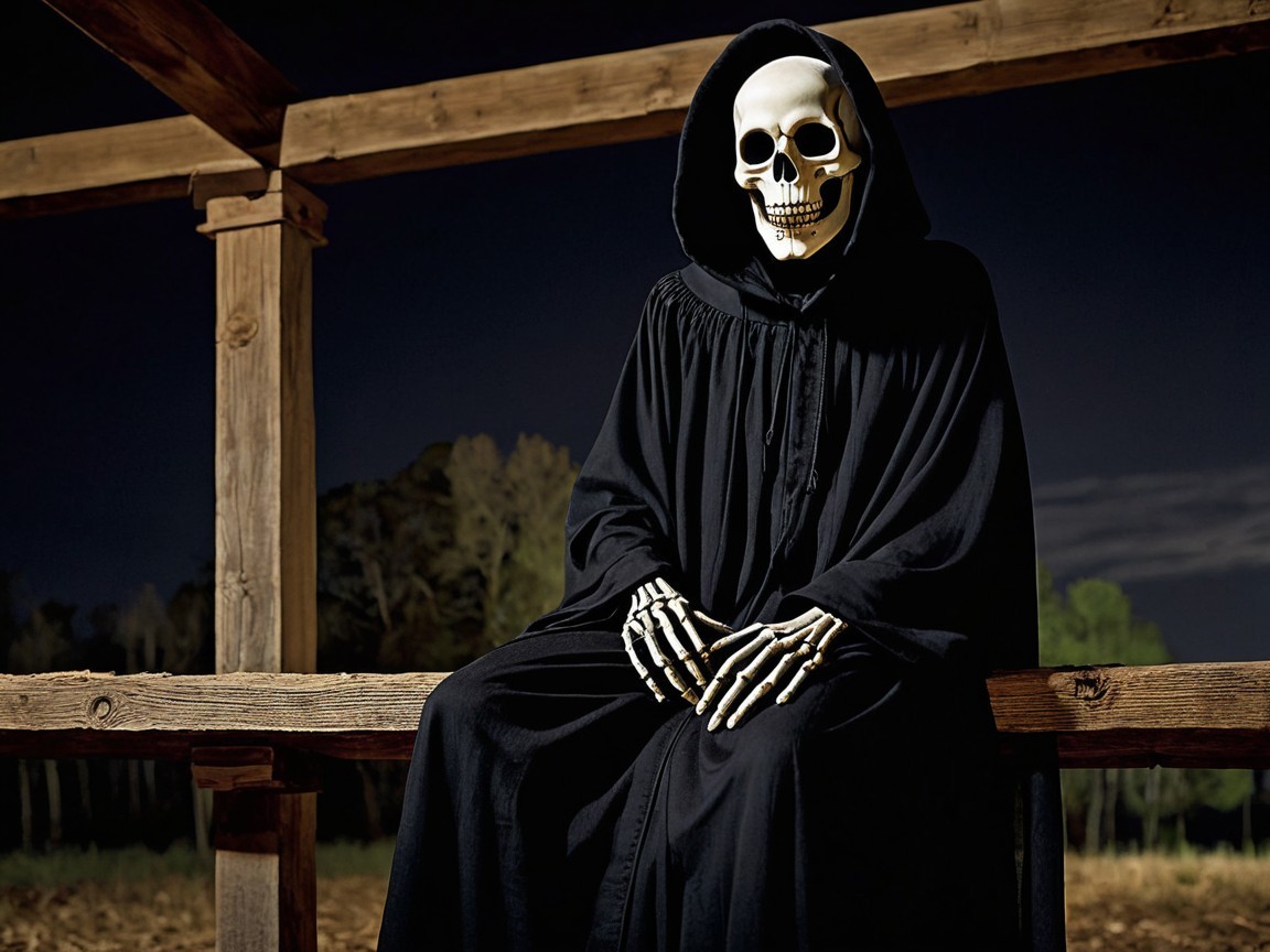 Skeletal Figure in Black Robe on Wooden Bench at Night