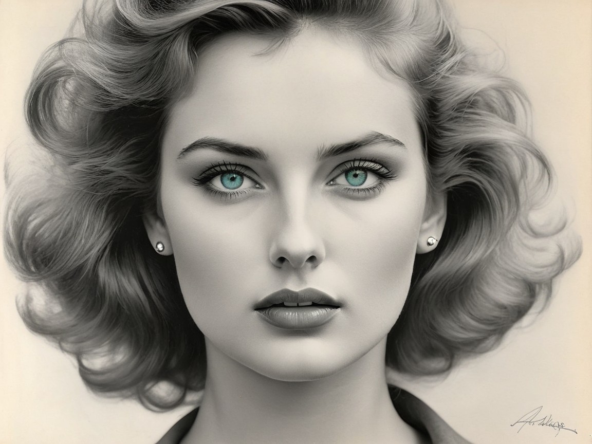 Portrait of a Woman with Wavy Hair and Turquoise Eyes