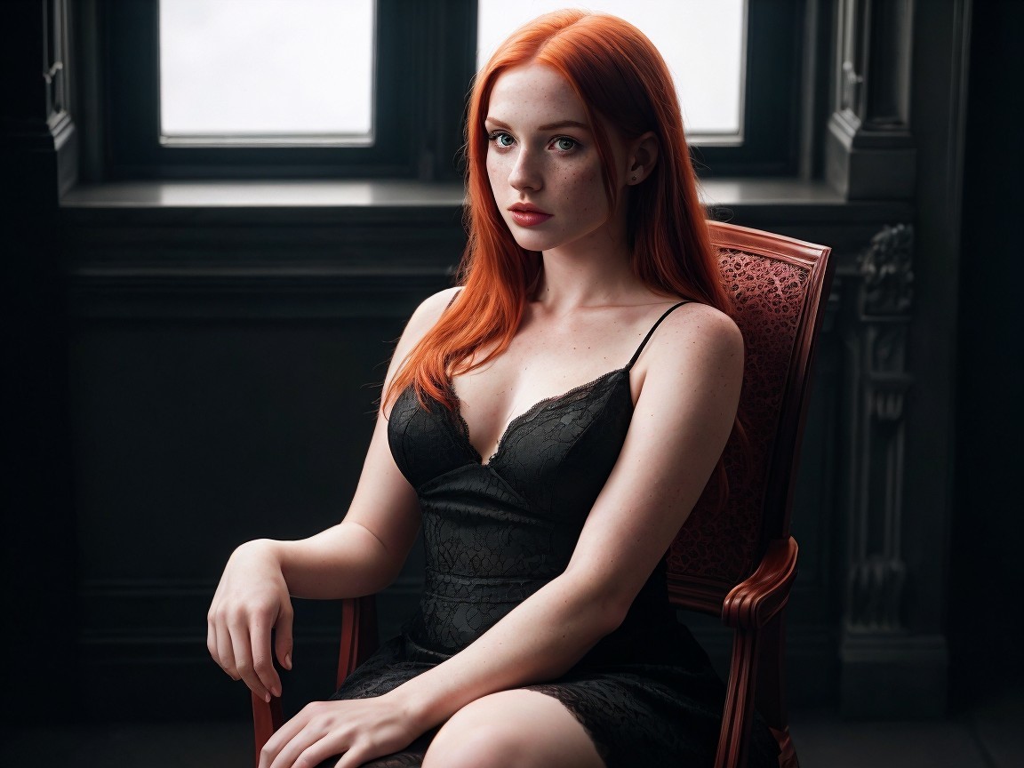 Young woman in black lace dress in dramatic setting
