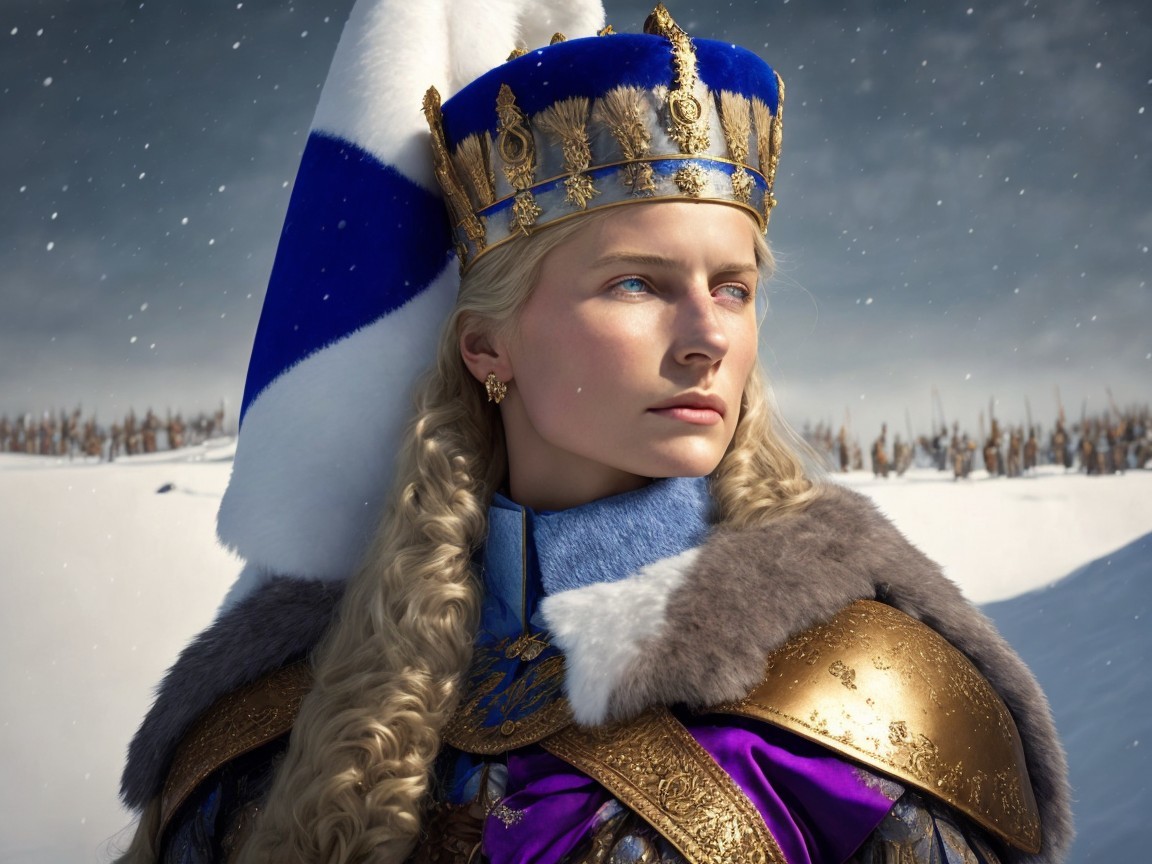 Regal Figure in Snowy Landscape with Royal Attire