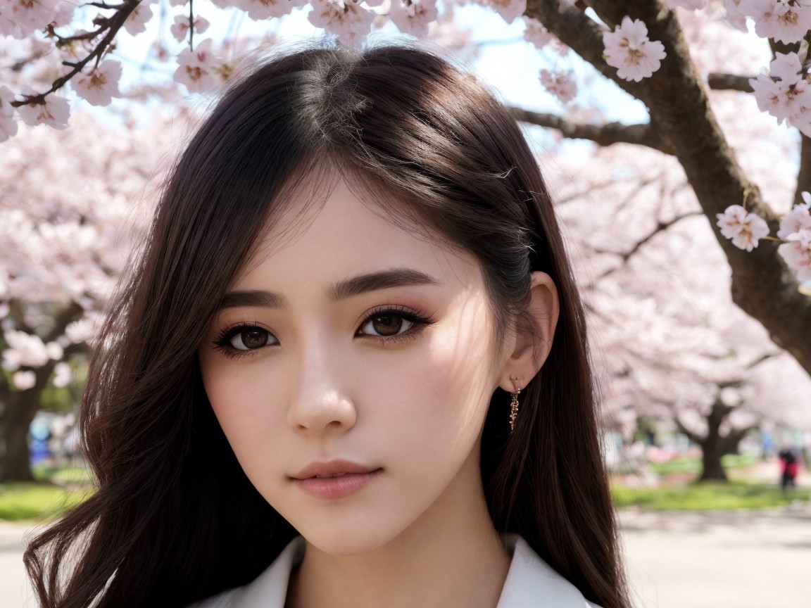 Close-Up Portrait of Woman Amid Cherry Blossoms