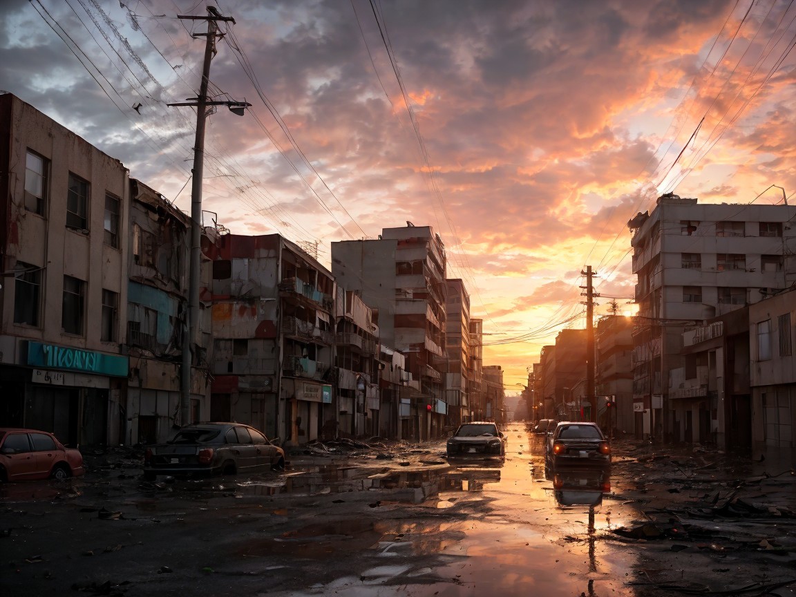 Desolate Urban Street at Sunset with Abandoned Buildings