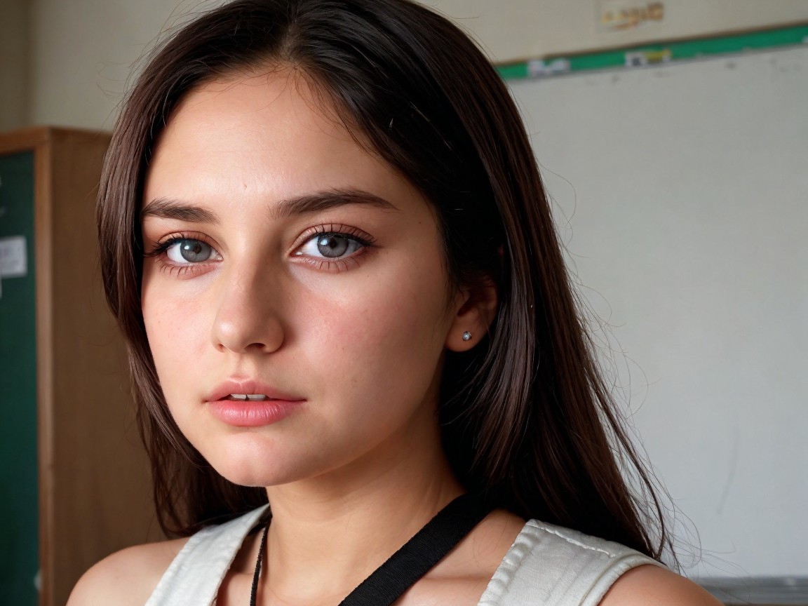 Young woman in classroom with blue eyes and white top