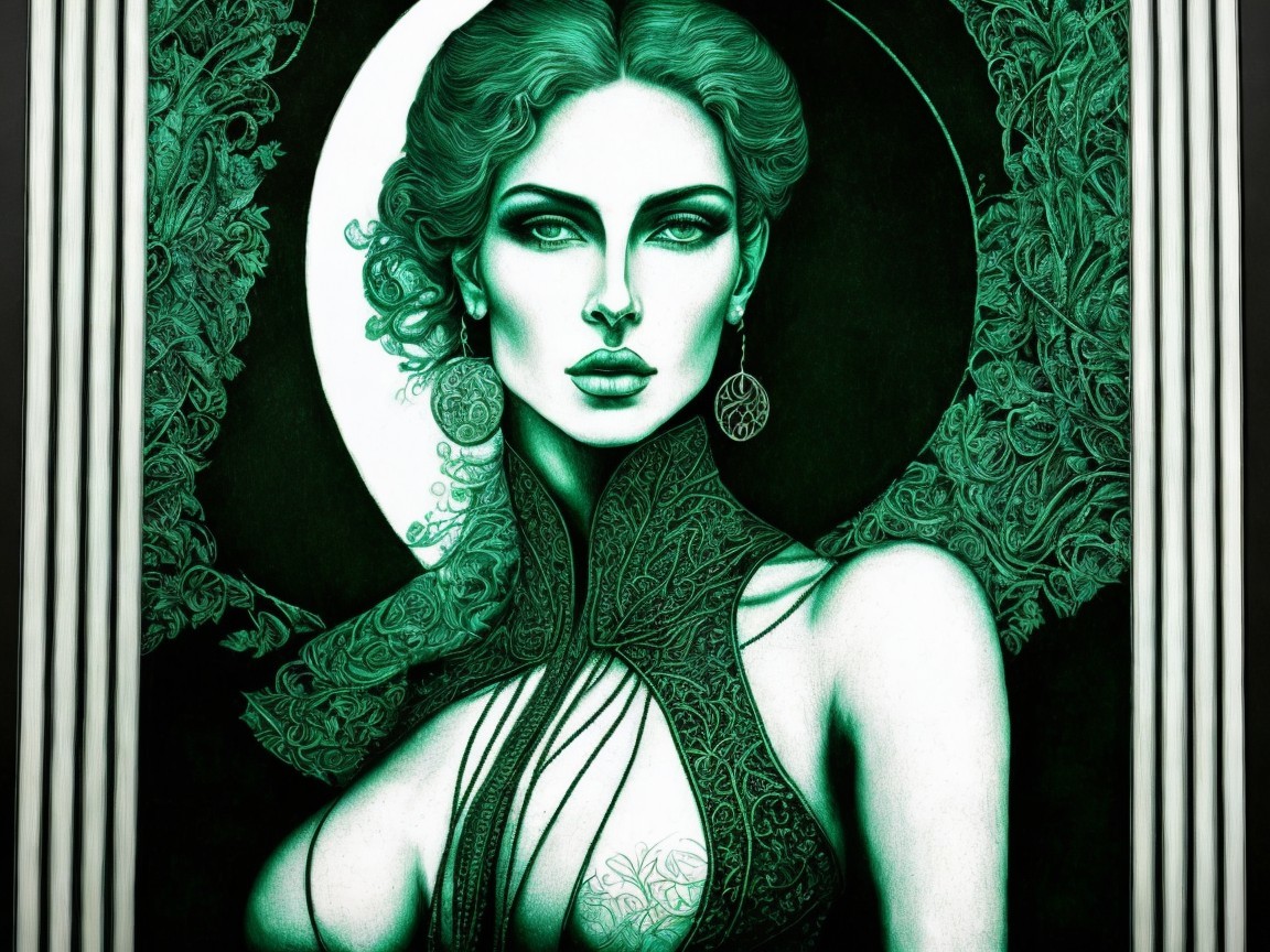 Ethereal Woman Surrounded by Intricate Patterns and Foliage
