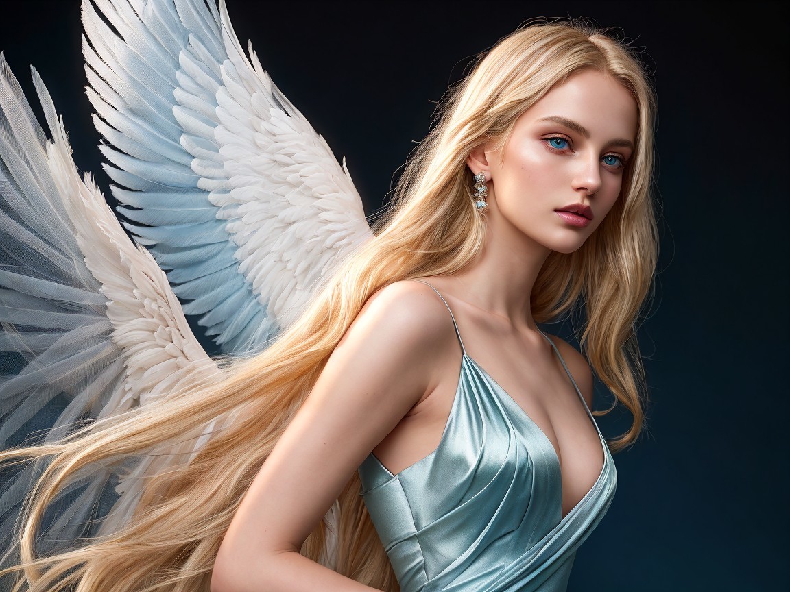 Ethereal figure in blue gown with angelic wings