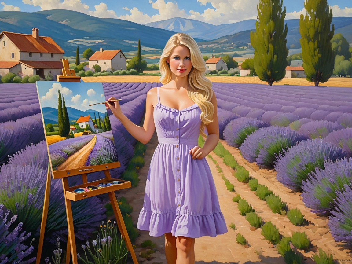 Woman Painting in Lavender Field with Rolling Hills