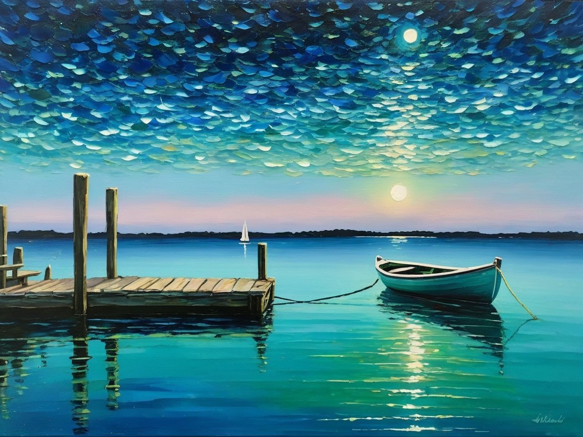 Calm Waterfront at Dusk with Boats and Vibrant Sky