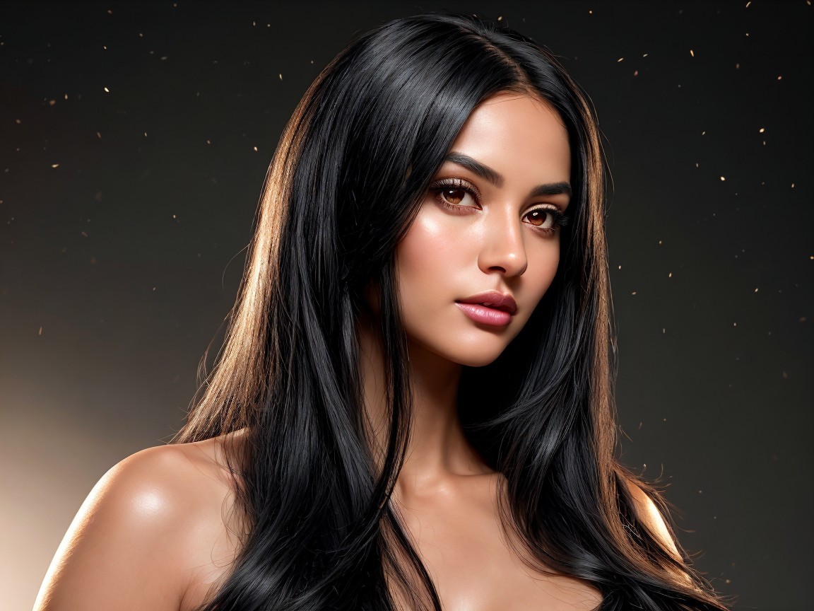 Portrait of a woman with black hair and radiant skin