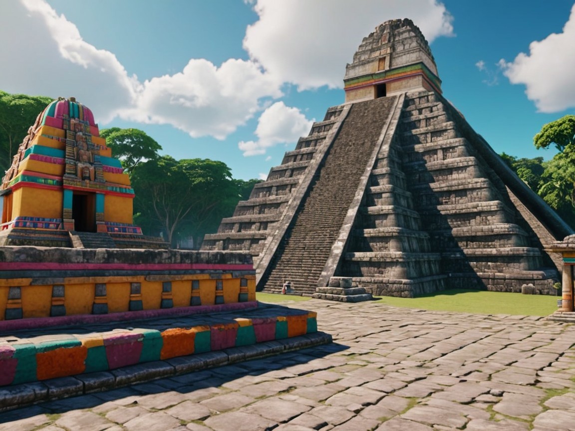 Ancient Mesoamerican Pyramids with Vibrant Sky