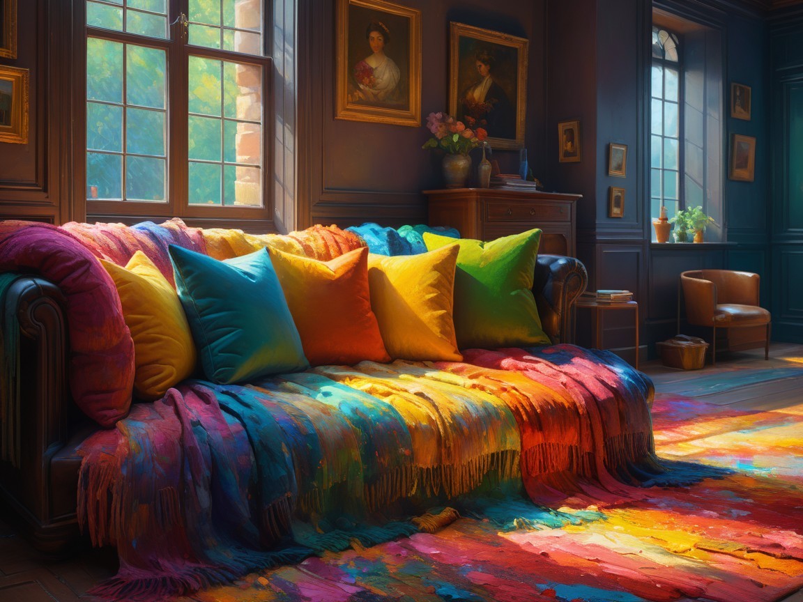 Cozy living room with sunlight and colorful decor