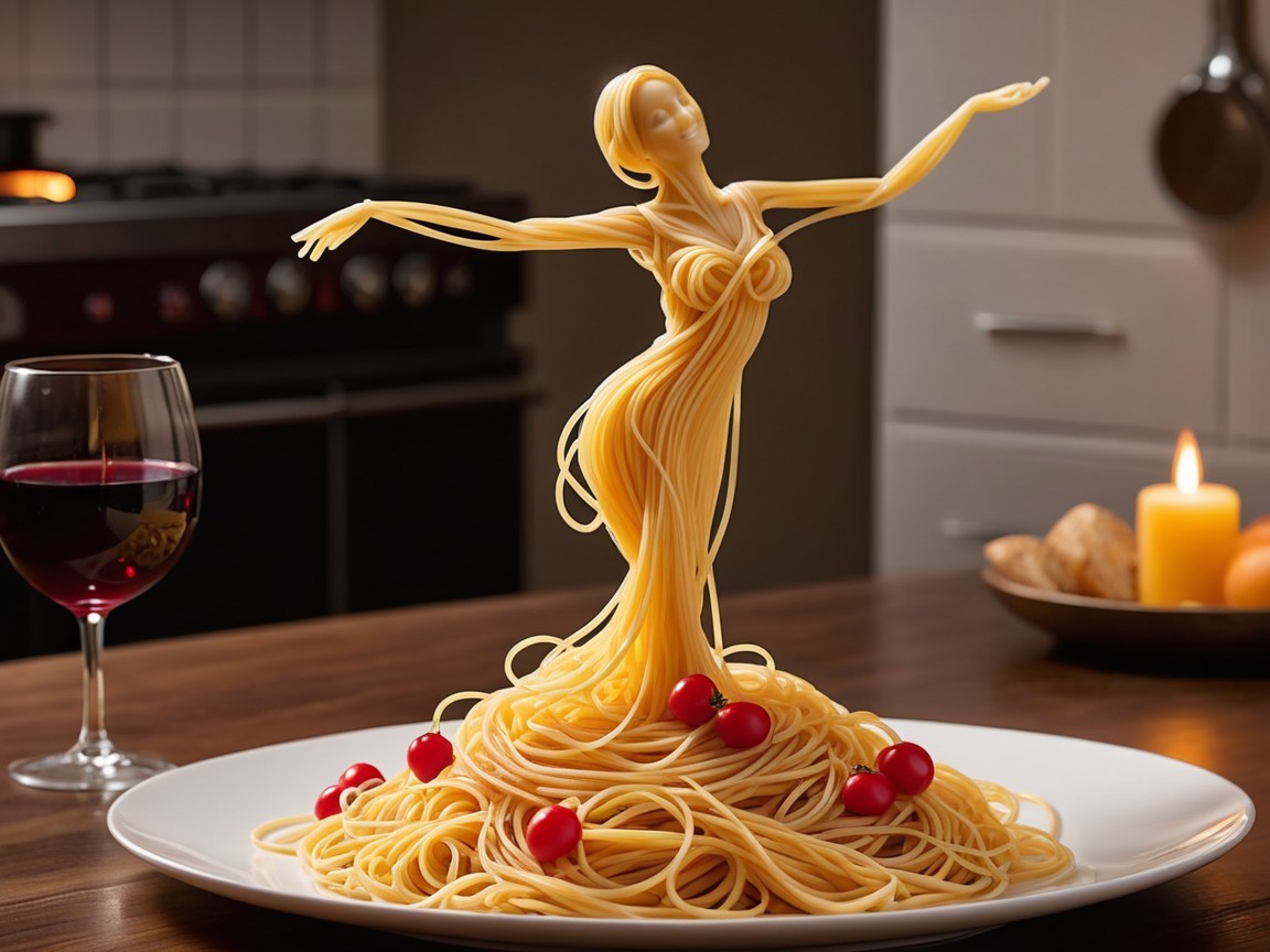 Intricate Spaghetti Sculpture of a Dancer on Plate